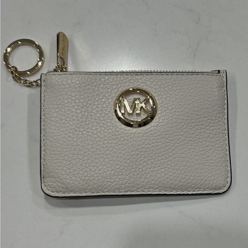 Michael Kors Cream and Gold Leather Small Top-Zip Coin Pouch